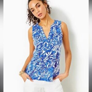 Lilly Pulitzer Dev Tank Top In Blue Tang Flocking Fabulous- Women’s Size Small